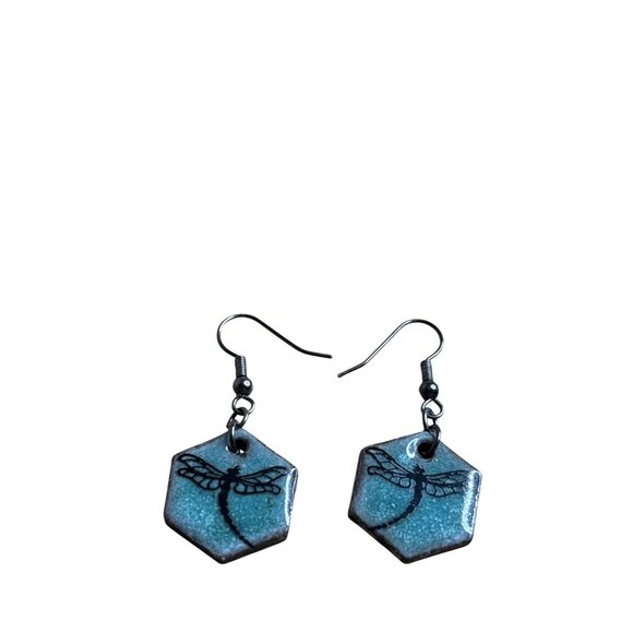 Artisan Hexagon Ceramic Dragonfly Dangle Earrings Black Blue Boho Retro 0.75 in - Picture 1 of 3
